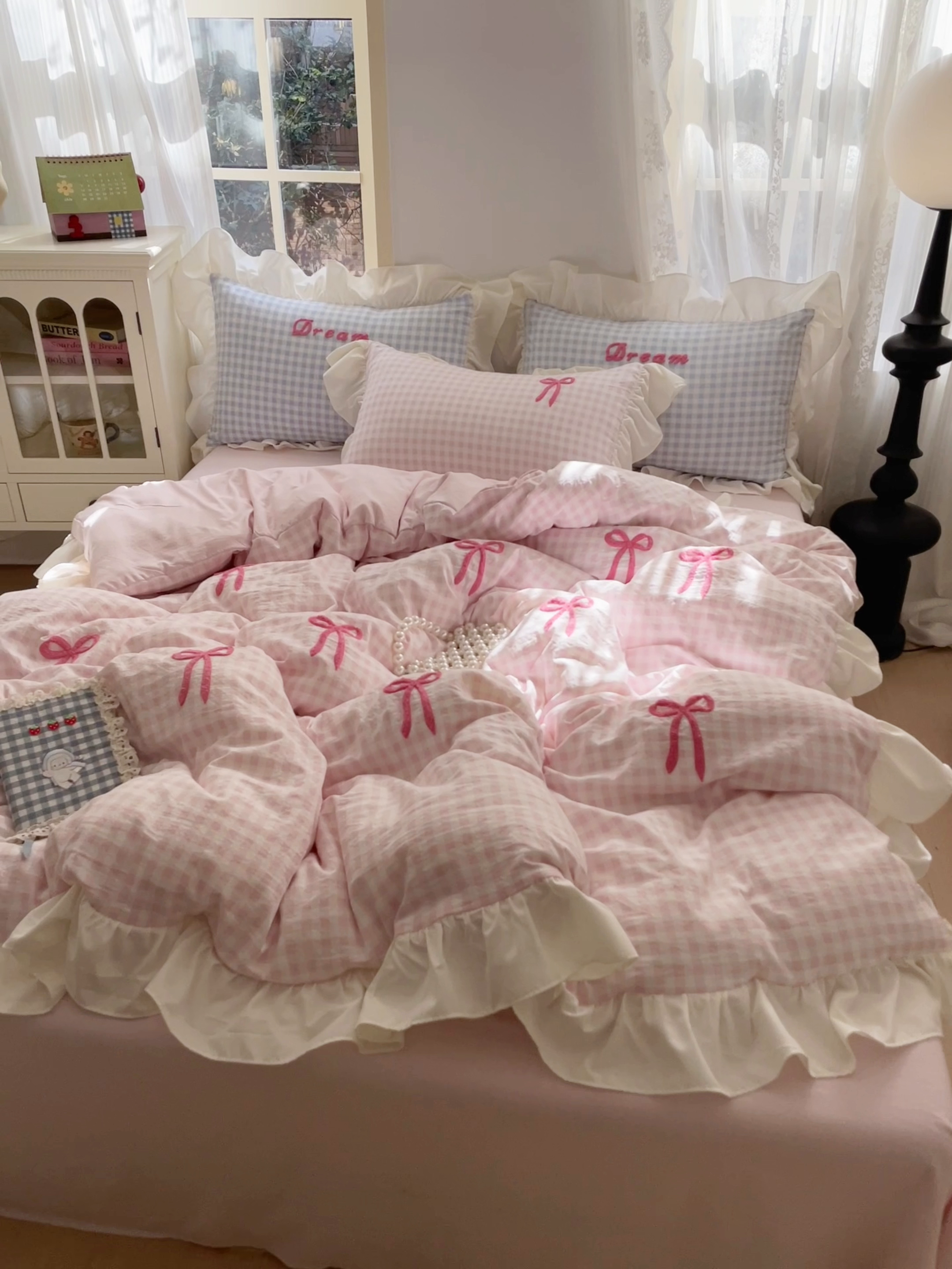 91家纺网 家纺一手货源 找家纺 沐辰2025春夏新款韩式花边款蝴蝶结四件套 韩式蝴蝶结-粉