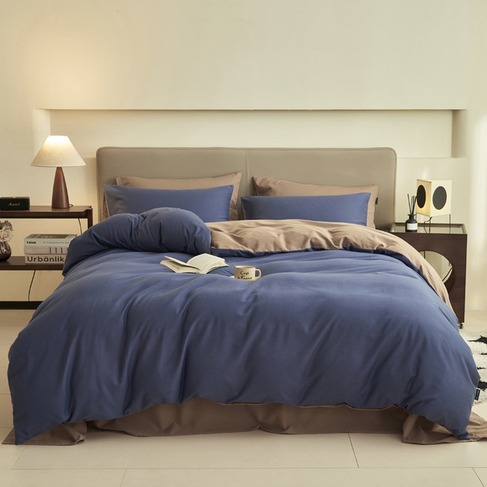 91家纺网 家纺一手货源 找家纺 2025新款全棉13372水洗棉双拼四件套（影棚暗光） 布鲁兰+拾柴