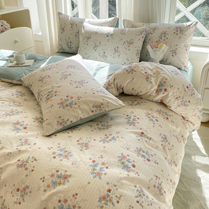 91家纺网 家纺一手货源 找家纺 宜家坊 2025早春新品全棉纯棉喷气13070小清新印花纯棉四件套-风格二 淡雅花影