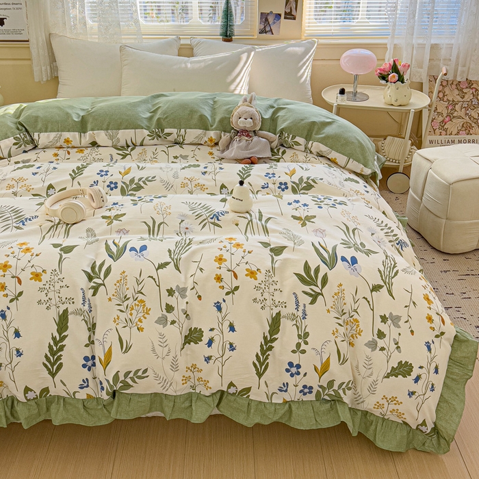 91家纺网 家纺一手货源 找家纺 忆生活家纺 2025新款韩版全棉花边款-单被套系列 桑梓绿