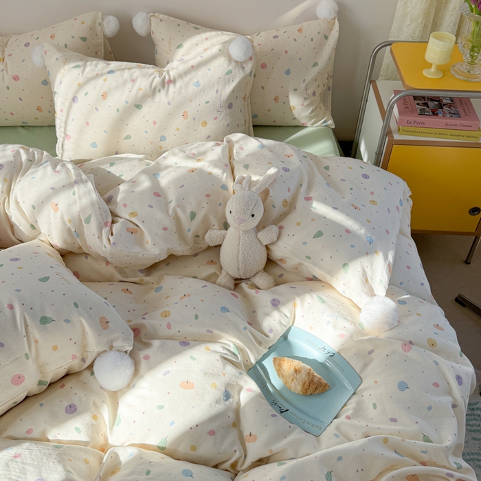 91家纺网 家纺一手货源 找家纺 金爱家 2025新款亲肤舒适纯棉双层纱四件套 双层纱-彩点点小南瓜