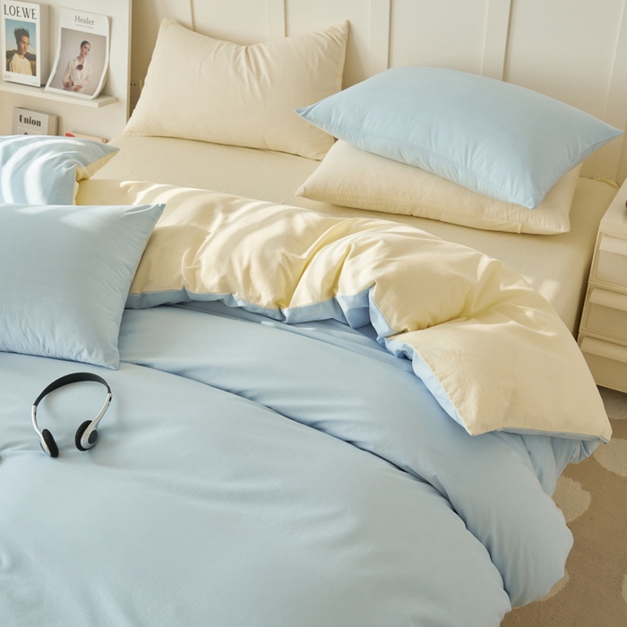 91家纺网 家纺一手货源 找家纺 2025新款全棉13372水洗棉双拼四件套（自然光） 天蓝+米黄
