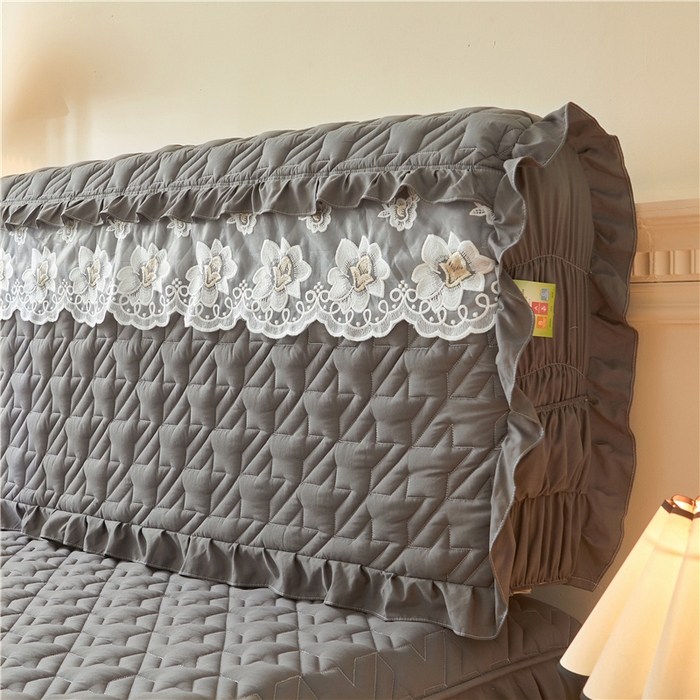 91家纺网 家纺一手货源 找家纺 十个点家纺 2025新款千鸟格磨毛绗缝夹棉纯色花边床头罩 经典深灰