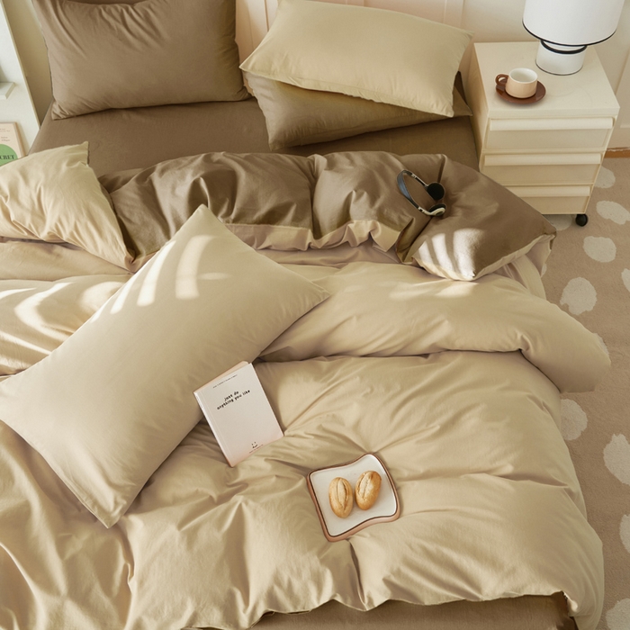 91家纺网 家纺一手货源 找家纺 2025新款全棉13372水洗棉双拼四件套（自然光） 40驼+暖木棕