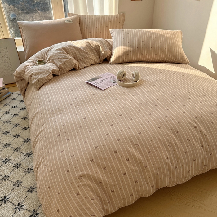 91家纺网 家纺一手货源 找家纺 三朵家纺 2025新款全棉双层纱混搭四件套 曙光-咖