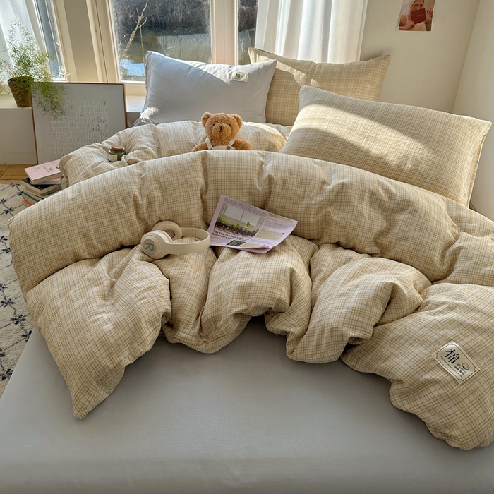 91家纺网 家纺一手货源 找家纺 三朵家纺 2025新款全棉双层纱混搭四件套 沐光-咖