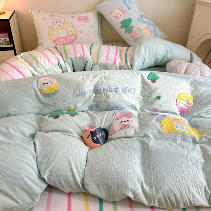 91家纺网 家纺一手货源 找家纺 沐慕 2025新款大版印加绣款四件套 萌宠家园