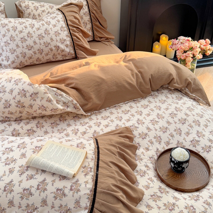 91家纺网 家纺一手货源 找家纺 沐慕 2025新款法式针织双层纱印花系列四件套 芳华