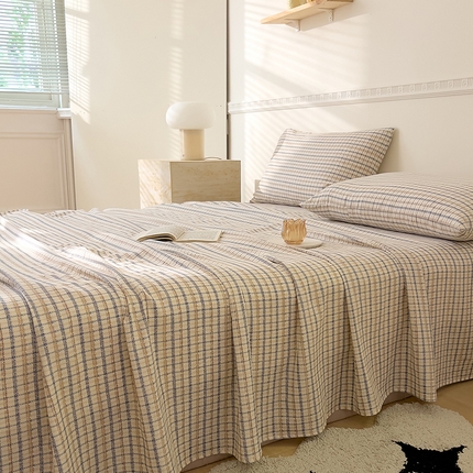 91家纺网 家纺一手货源 找家纺 DoDo 兜兜 2025新款全棉双层纱印花单床单（可定做尺寸） 蓝调格子