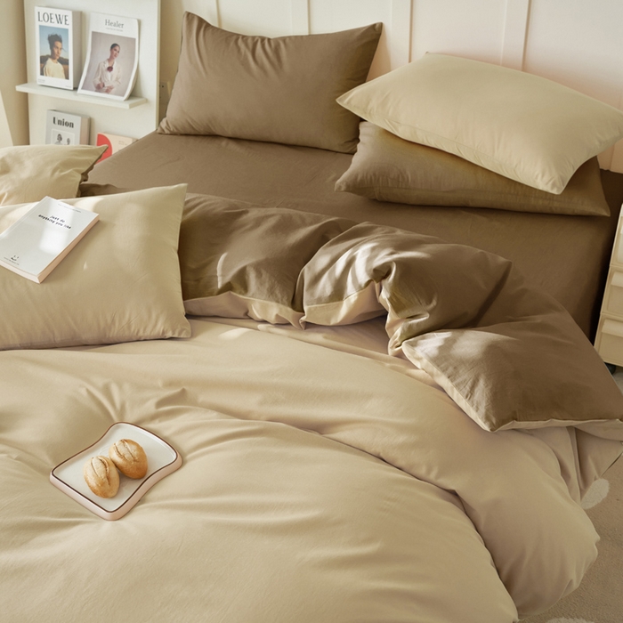 91家纺网 家纺一手货源 找家纺 2025新款全棉13372水洗棉双拼四件套（自然光） 40驼+暖木棕