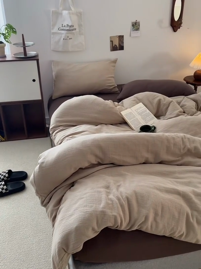 91家纺网 家纺一手货源 找家纺 水洗的故事 2025新款全棉A类皱皱纱纯色混搭四件套 拿铁