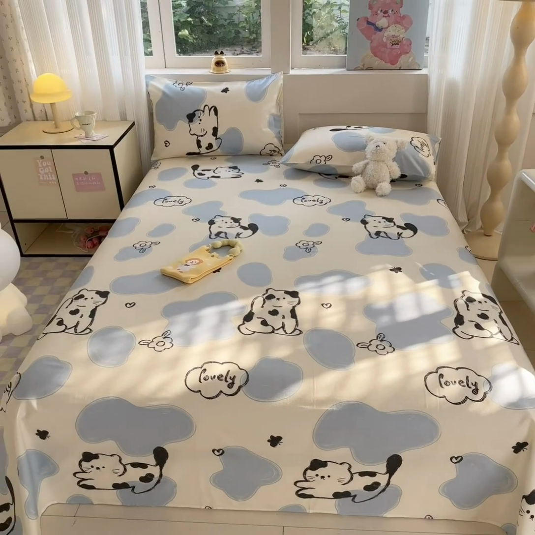 91家纺网 家纺一手货源 找家纺 吉象家纺 2025新款高支密全棉印花单品系列-单床单 奶牛猫