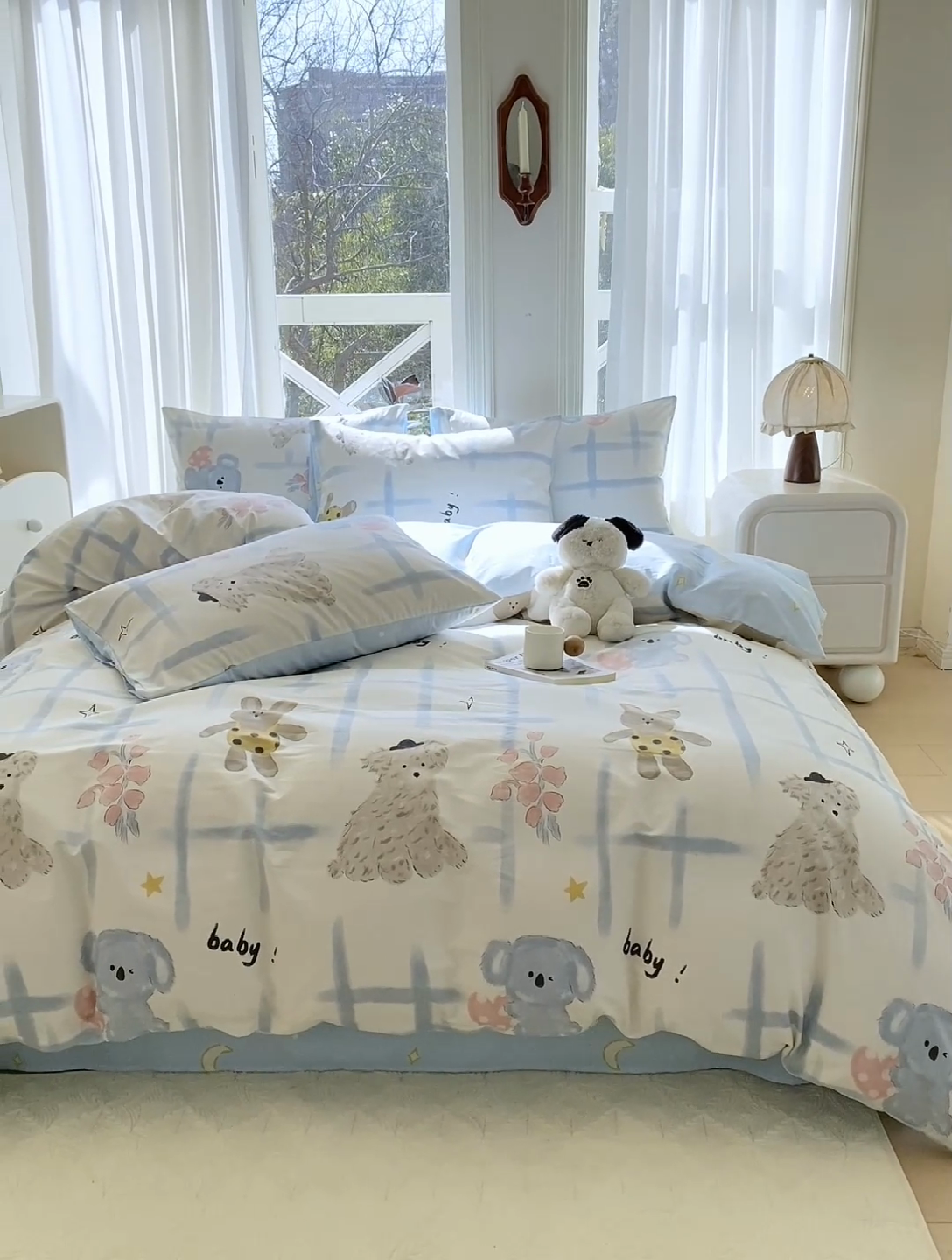 91家纺网 家纺一手货源 找家纺 宜家坊 2025早春新品全棉纯棉喷气13070小清新印花纯棉四件套-风格二 玩偶派对