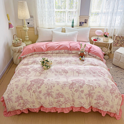91家纺网 家纺一手货源 找家纺 忆生活家纺 2025新款韩版全棉花边款-单被套系列 香韵-粉