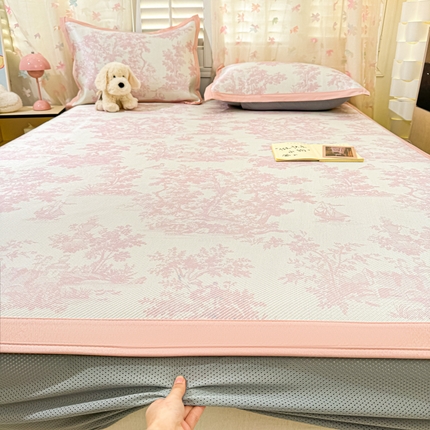 2025新款小清新数码印花床笠款冰藤席 床笠油画庄园-粉