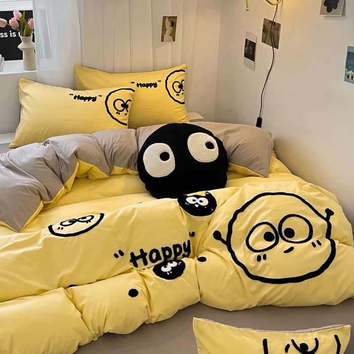 91家纺网 家纺一手货源 找家纺 沐慕 2025新款简约亲肤毛巾绣四件套 黑球球-黄色