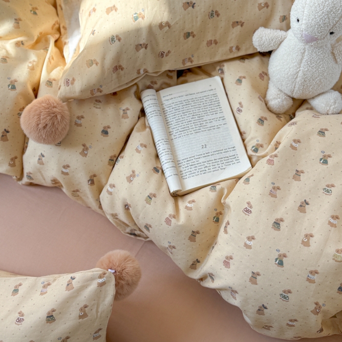 91家纺网 家纺一手货源 找家纺 金爱家 2025新款亲肤舒适纯棉双层纱四件套 双层纱-奶咖小兔