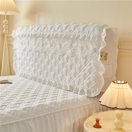 91家纺网 家纺一手货源 找家纺 十个点家纺 2025新款千鸟格磨毛绗缝夹棉纯色花边床头罩 经典白色