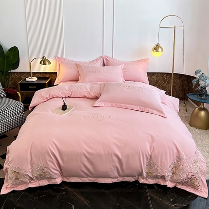 梵克保罗 2025新款直播热卖长绒棉刺绣花边四件套-繁星系列 繁星-玫瑰粉