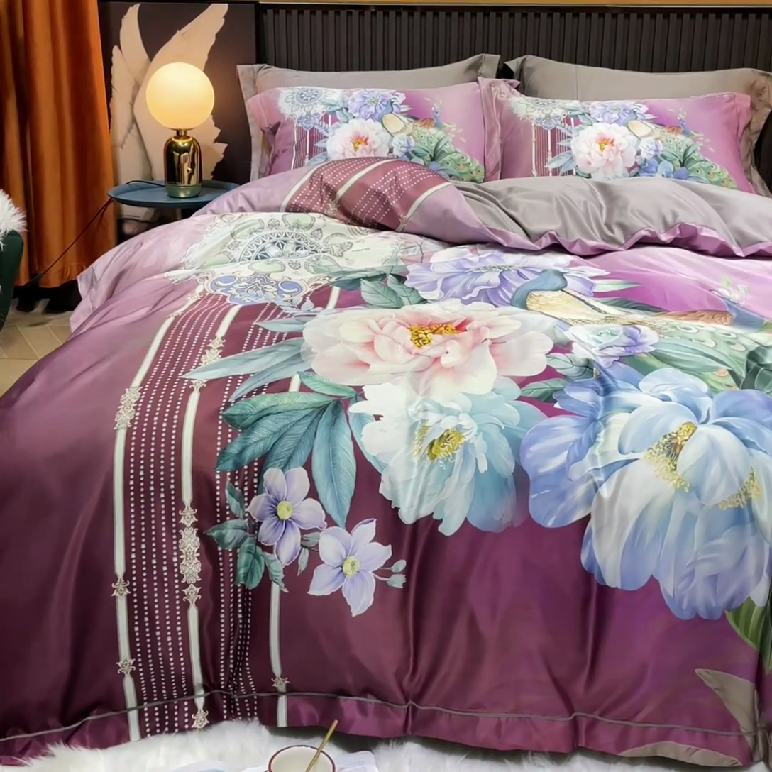 91家纺网 家纺一手货源 找家纺 梵克保罗 2025春夏新款天丝数码大版印花四件套 华尔兹-玫红