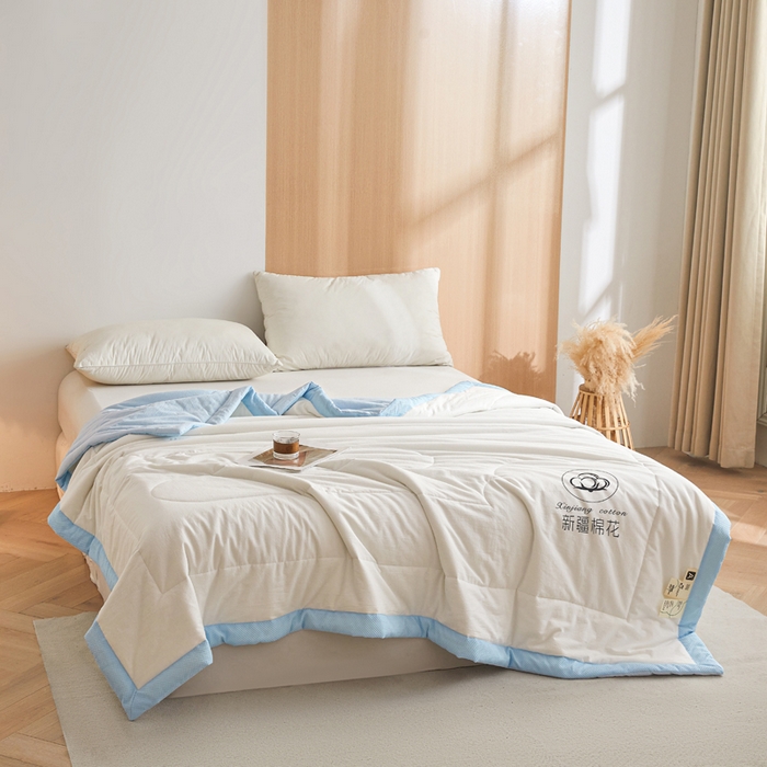 91家纺网 家纺一手货源 找家纺 熙宴家纺 2025新款水洗棉100%新疆棉花夏被-棉白 棉白+蓝