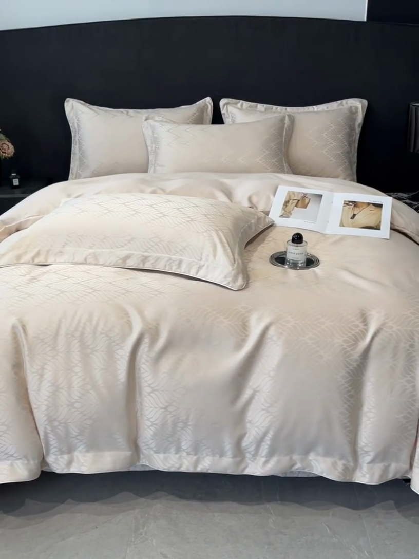 91家纺网 家纺一手货源 找家纺 米彩家纺 2025新款A类水洗真丝天丝提花四件套 小树叶浅香槟