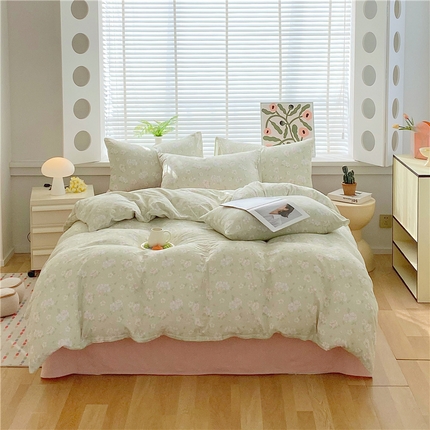 91家纺网 家纺一手货源 找家纺 佰亿莱 2025新款全棉双层纱四件套系列 绿也