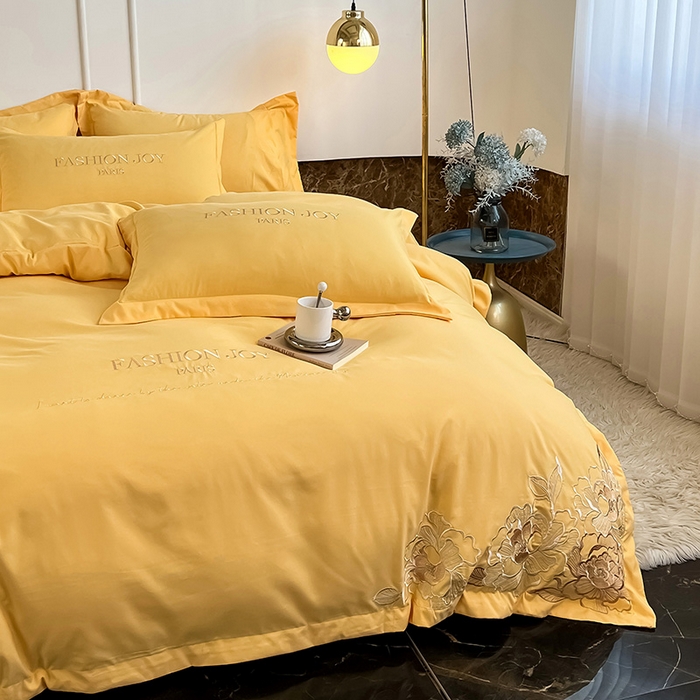 91家纺网 家纺一手货源 找家纺 梵克保罗 2025新款直播热卖长绒棉刺绣花边四件套-繁星系列 繁星-柠檬黄