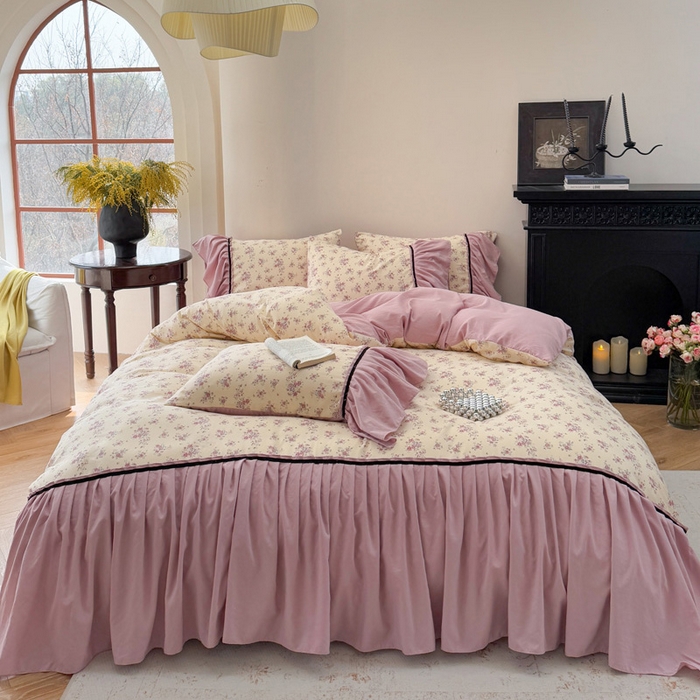 91家纺网 家纺一手货源 找家纺 沐慕 2025新款法式针织双层纱印花系列四件套 赛琳娜