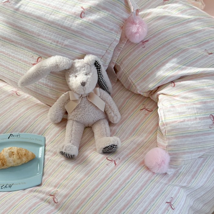 91家纺网 家纺一手货源 找家纺 金爱家 2025新款亲肤舒适纯棉双层纱四件套 双层纱-彩条蝴蝶结