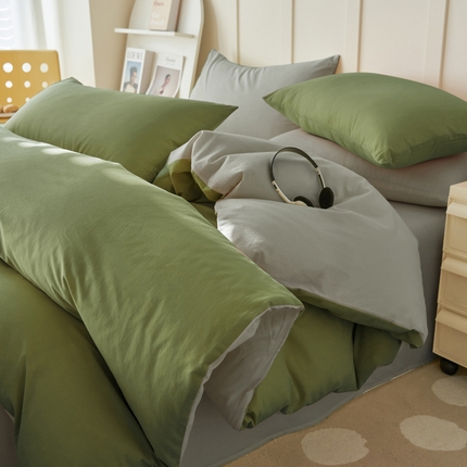 2025新款全棉13372水洗棉双拼四件套（自然光） 扶苏绿+毛毯灰
