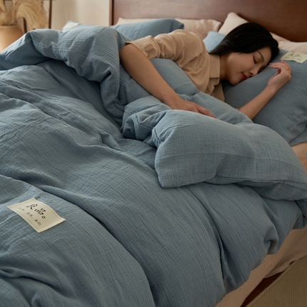 2025新款纯棉双层纱四件套 双层纱四件套-蓝