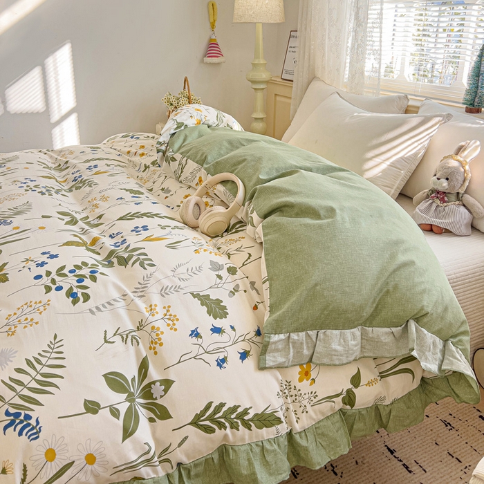 91家纺网 家纺一手货源 找家纺 忆生活家纺 2025新款韩版全棉花边款-单被套系列 桑梓绿