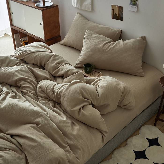 91家纺网 家纺一手货源 找家纺 水洗的故事 2025新款全棉A类皱皱纱纯色混搭四件套 米茶