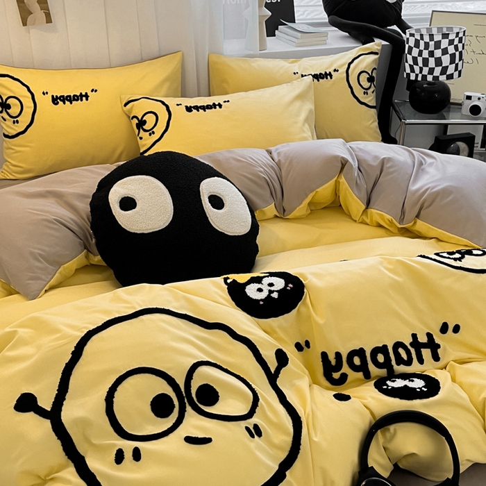 91家纺网 家纺一手货源 找家纺 沐慕 2025新款简约亲肤毛巾绣四件套 黑球球-黄色