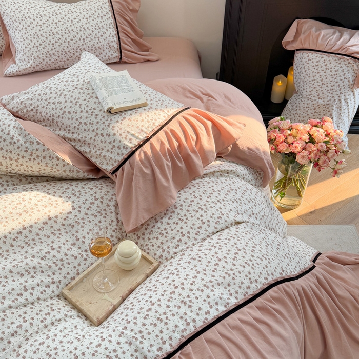 91家纺网 家纺一手货源 找家纺 沐慕 2025新款法式针织双层纱印花系列四件套 花城往事