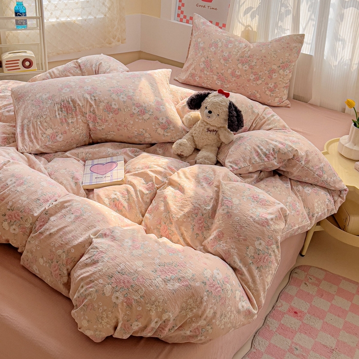 91家纺网 家纺一手货源 找家纺 优选良品 2025新款加厚云感棉双层纱四件套小碎花被套床单床笠款学生三件套新款直播热款 爱如星辰