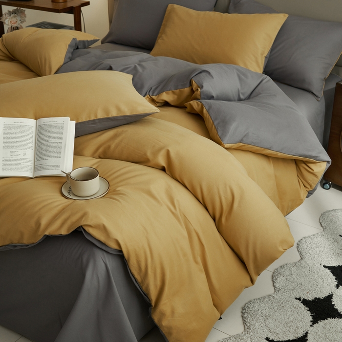 91家纺网 家纺一手货源 找家纺 2025新款全棉13372水洗棉双拼四件套（影棚暗光） 暗木幽香+宝藏灰