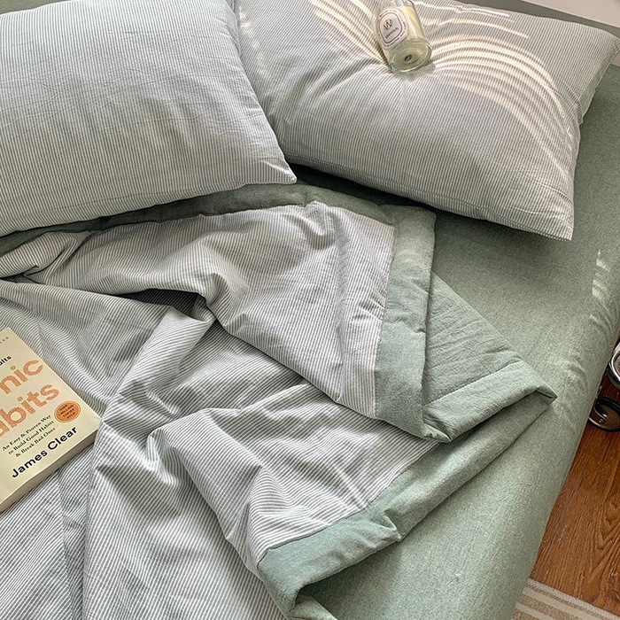 91家纺网 家纺一手货源 找家纺 水洗的故事 2025新款全棉色织水洗棉夏被&四件套 密条绿