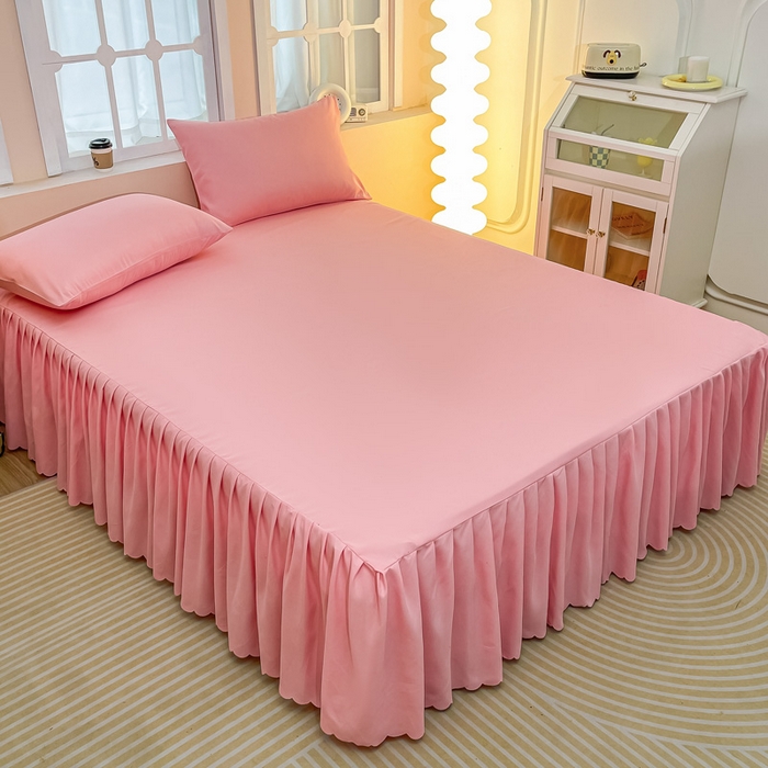 91家纺网 家纺一手货源 找家纺 莎臣豹 2025水洗磨毛纯色单品床裙可配二三件套 纯纯公主粉