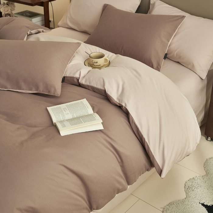 91家纺网 家纺一手货源 找家纺 2025新款全棉13372水洗棉双拼四件套（影棚暗光） 暗香紫砂+40驼