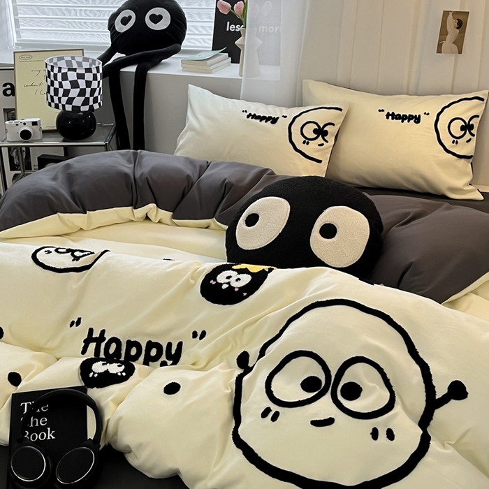 91家纺网 家纺一手货源 找家纺 沐慕 2025新款简约亲肤毛巾绣四件套 黑球球-米灰