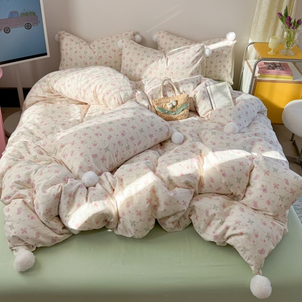 91家纺网 家纺一手货源 找家纺 金爱家 2025新款亲肤舒适纯棉双层纱四件套 双层纱-梦幻玫瑰蝴蝶