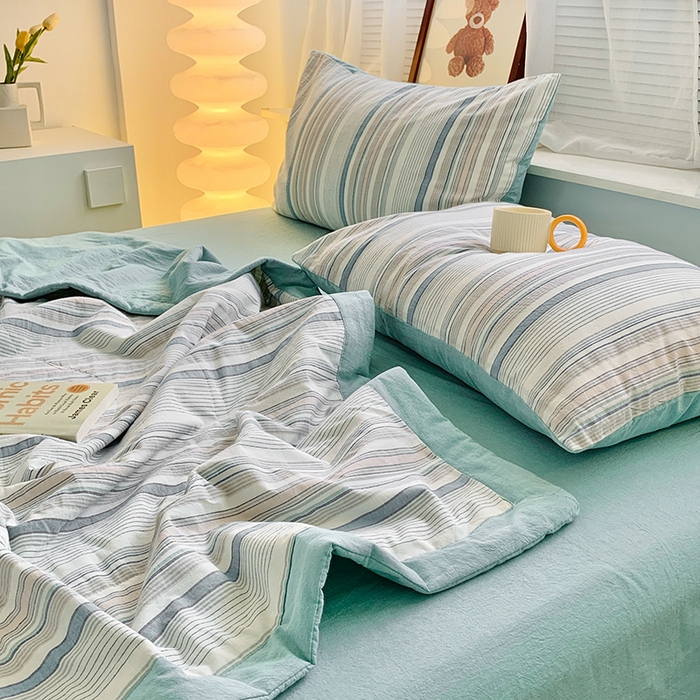 91家纺网 家纺一手货源 找家纺 水洗的故事 2025新款全棉色织水洗棉棉花夏被被子被芯 参青绿条