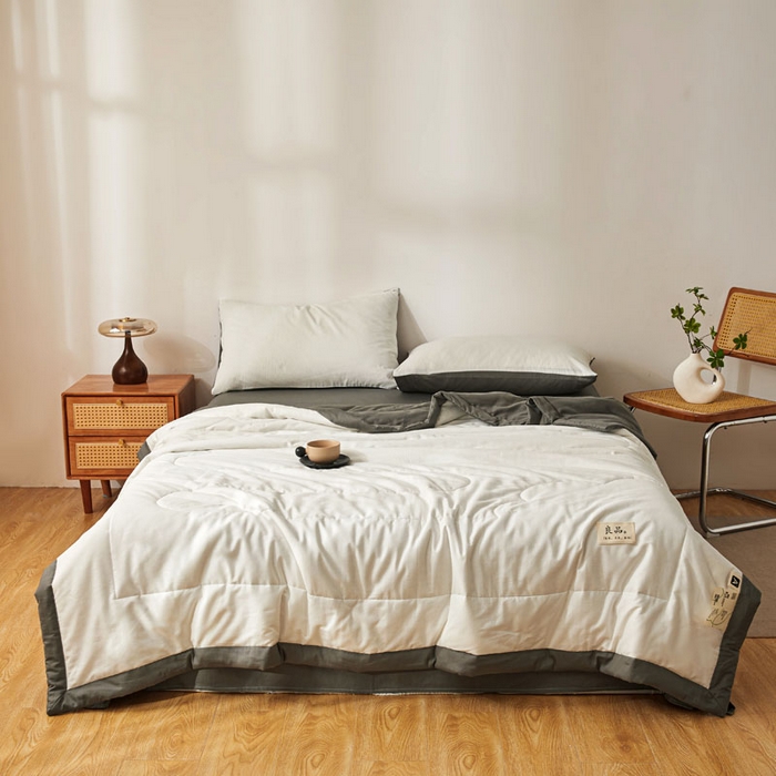 91家纺网 家纺一手货源 找家纺 熙宴家纺 2025新款纯色里外全棉夏被四件套 皓月白+高级灰