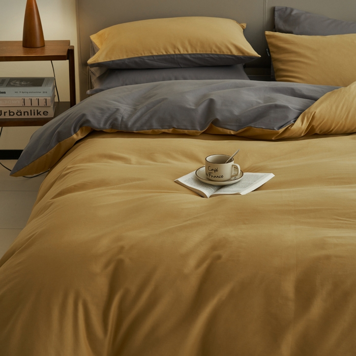 91家纺网 家纺一手货源 找家纺 2025新款全棉13372水洗棉双拼四件套（影棚暗光） 暗木幽香+宝藏灰