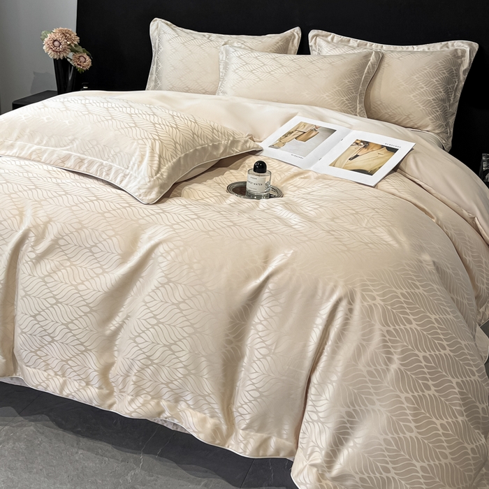 91家纺网 家纺一手货源 找家纺 米彩家纺 2025新款A类水洗真丝天丝提花四件套 小树叶浅香槟