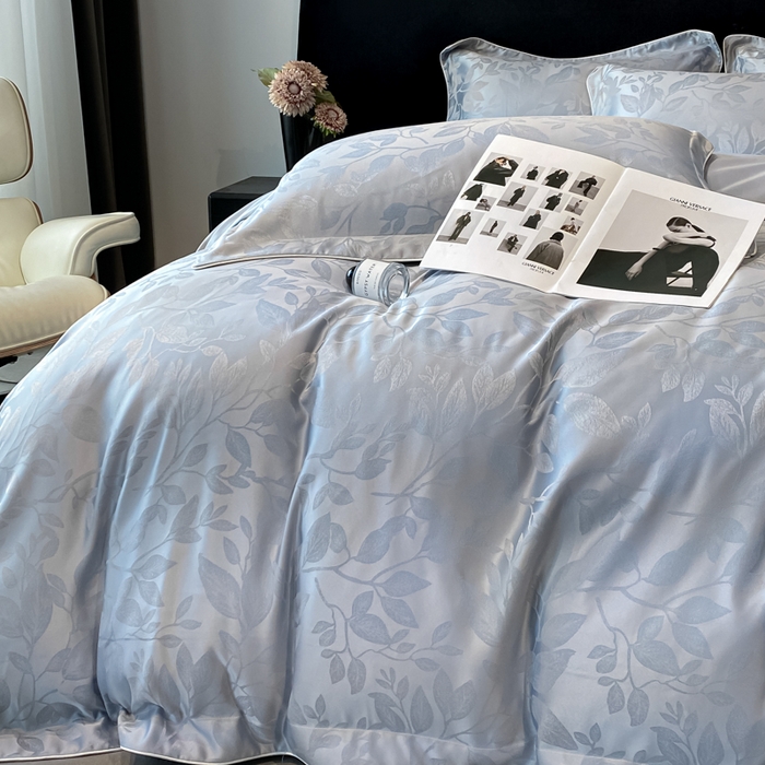 91家纺网 家纺一手货源 找家纺 米彩家纺 2025新款A类水洗真丝天丝提花四件套 叶琉璃浅灰