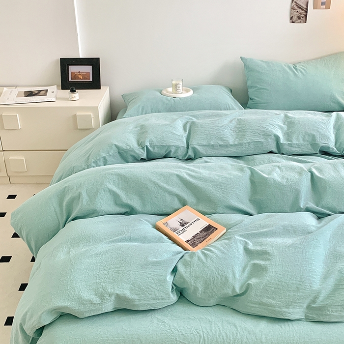 91家纺网 家纺一手货源 找家纺 水洗的故事 2025新款色织水洗棉多巴胺纯色款四件套 湖绿