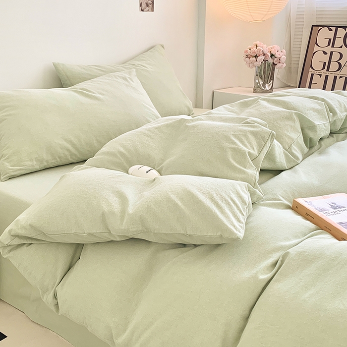 91家纺网 家纺一手货源 找家纺 水洗的故事 2025新款色织水洗棉多巴胺纯色款四件套 果绿